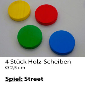 Street - 4 verschieden-farbige Holzscheiben - Wurf- bzw. Schnipp-Scheiben
